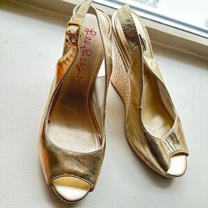 Lilly Pulitzer Metallic Gold Peep Toe Slingback Wedges